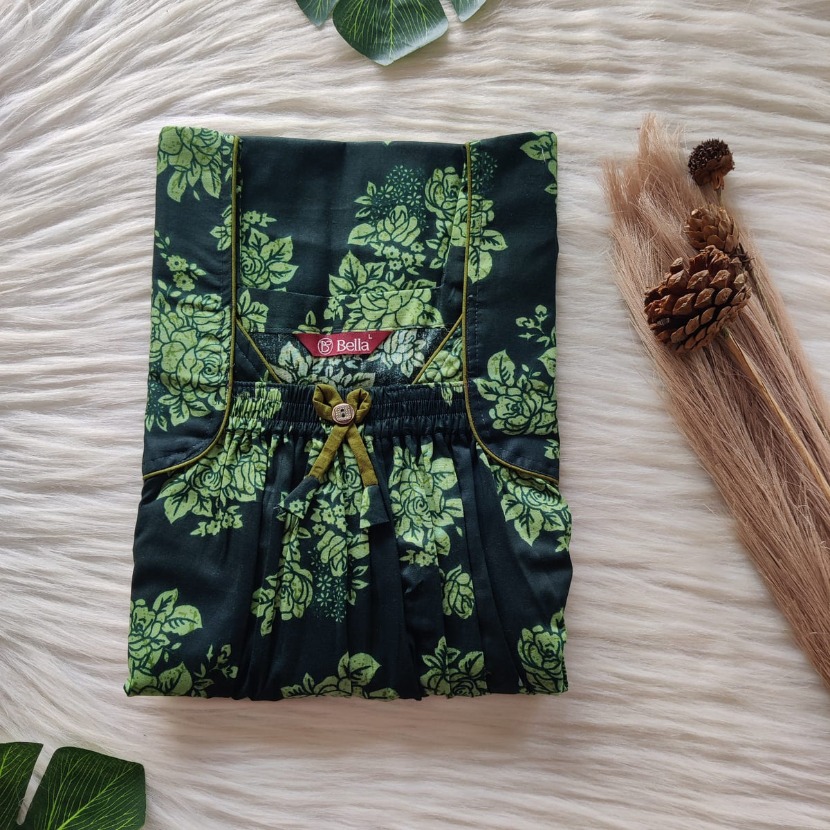 Green Floral Printed Premium Cotton Front Elastic Pleated Nighty | Free Size | Chest Width 44″| Length 56″