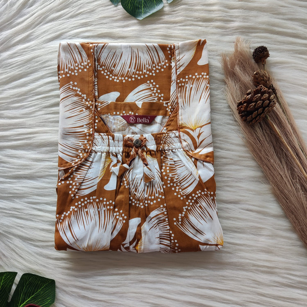Brown And White Floral Printed Premium Cotton Front Elastic Pleated Nighty | Free Size | Chest Width 44″| Length 56″