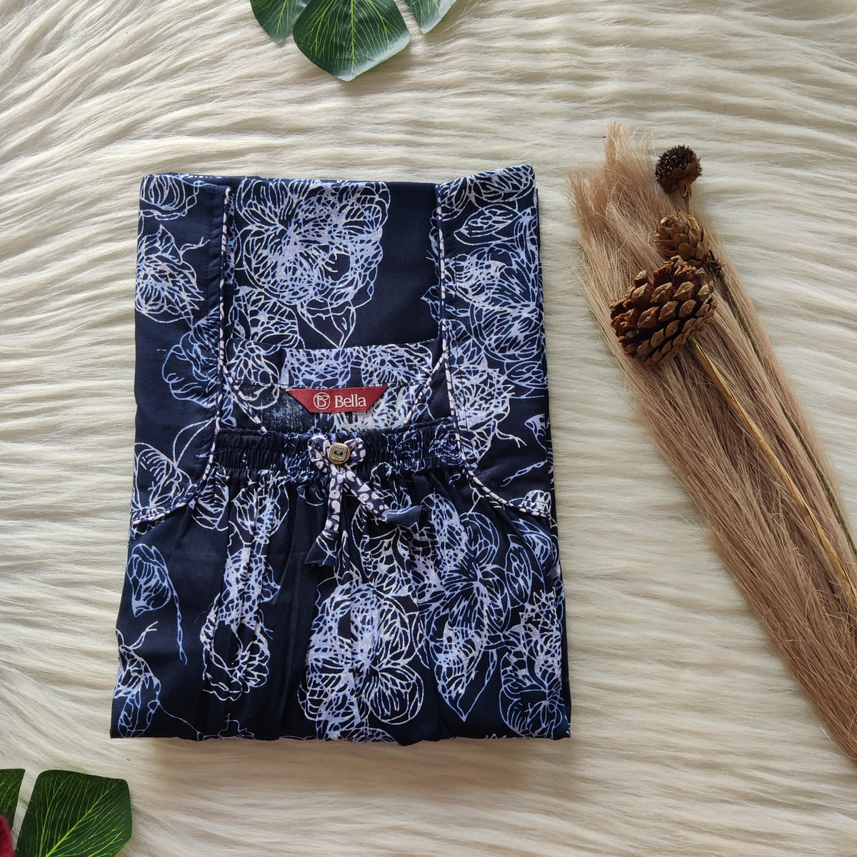 Navy Blue White Printed Premium Cotton Front Elastic Pleated Nighty | Free Size | Chest Width 44″| Length 56″