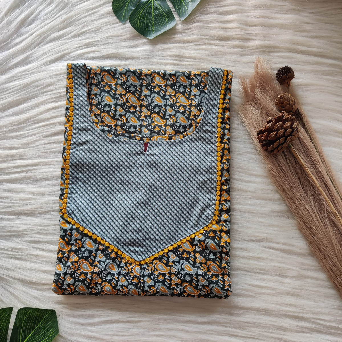 Green And Yellow Kalamkari Printed Premium Cotton Mix N Match Lace Pocket Nighty | Free Size | Chest Width 44″| Length 56″