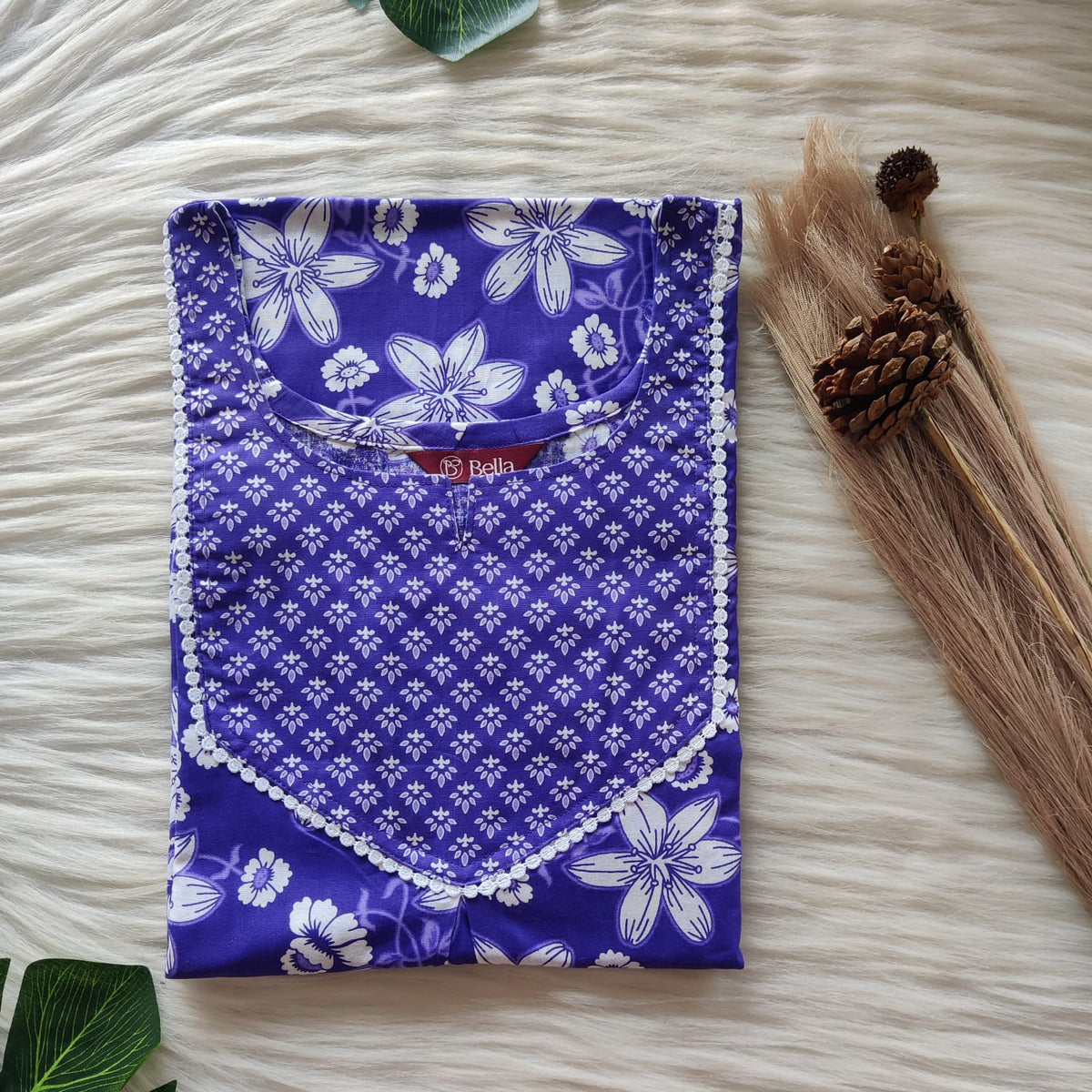 Purple And White Floral Printed Premium Cotton Mix N Match Lace Pocket Nighty | Free Size | Chest Width 44″| Length 56″
