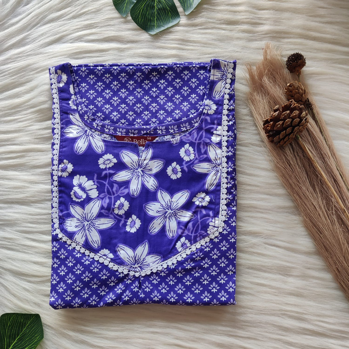 White And Purple Printed Premium Cotton Mix N Match Lace Pocket Nighty | Free Size | Chest Width 44″| Length 56″
