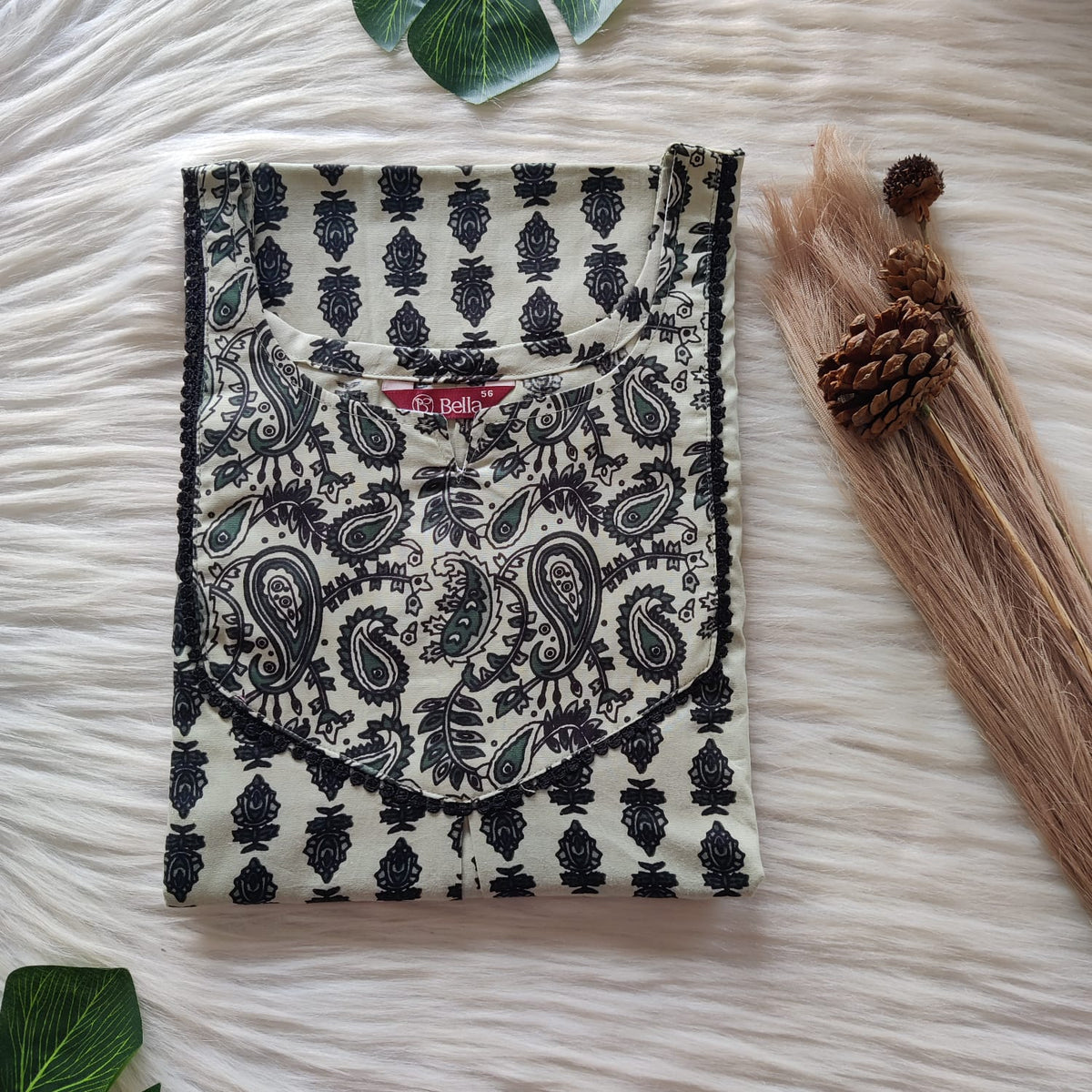 Dark And Pale Green Printed Premium Cotton Mix N Match Lace Pocket Nighty | Free Size | Chest Width 44″| Length 56″