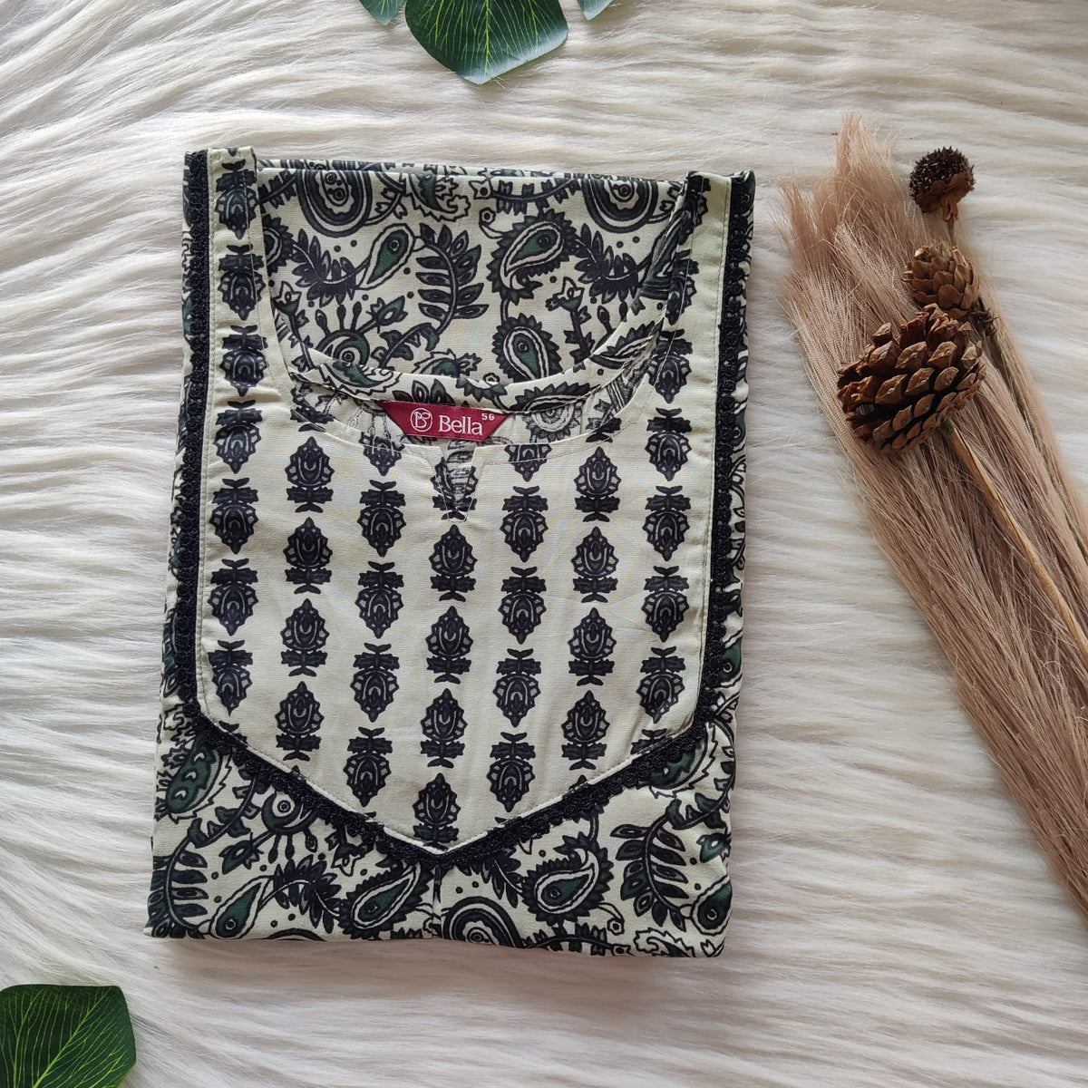 Pale And Dark Green Kalamkari Printed Premium Cotton Mix N Match Lace Pocket Nighty | Free Size | Chest Width 44″| Length 56″
