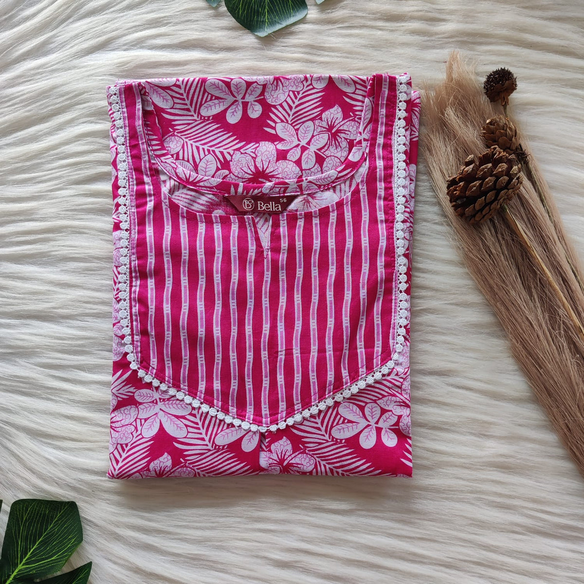Pink And White Floral Printed Premium Cotton Mix N Match Lace Pocket Nighty | Free Size | Chest Width 44″| Length 56″