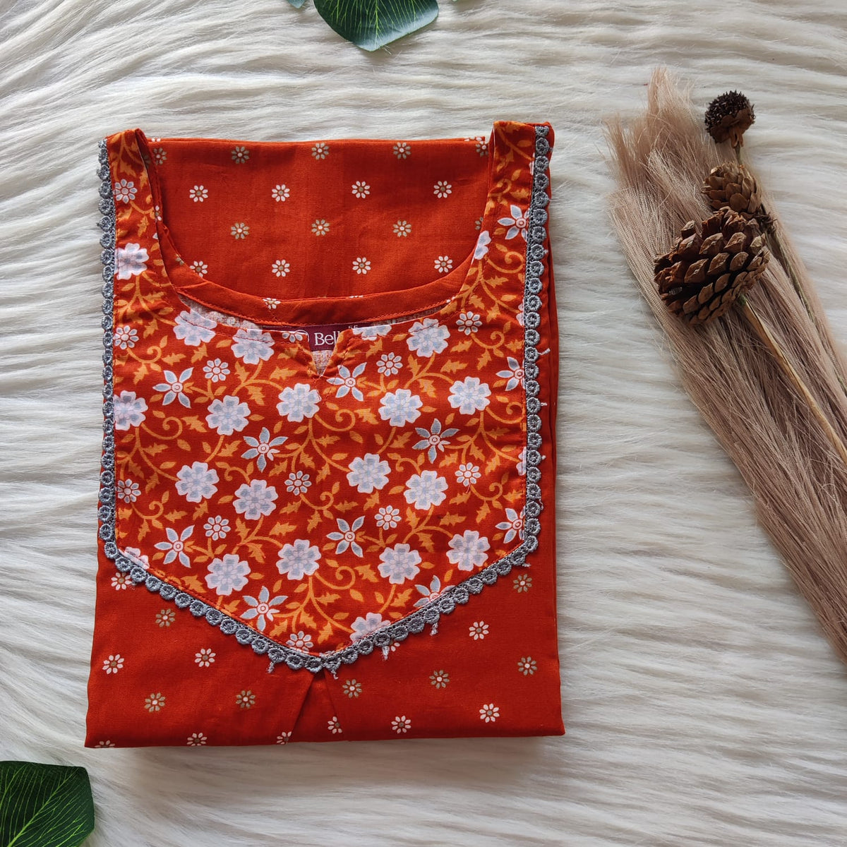 Green And Orange Printed Premium Cotton Mix N Match Lace Pocket Nighty | Free Size | Chest Width 44″| Length 56″