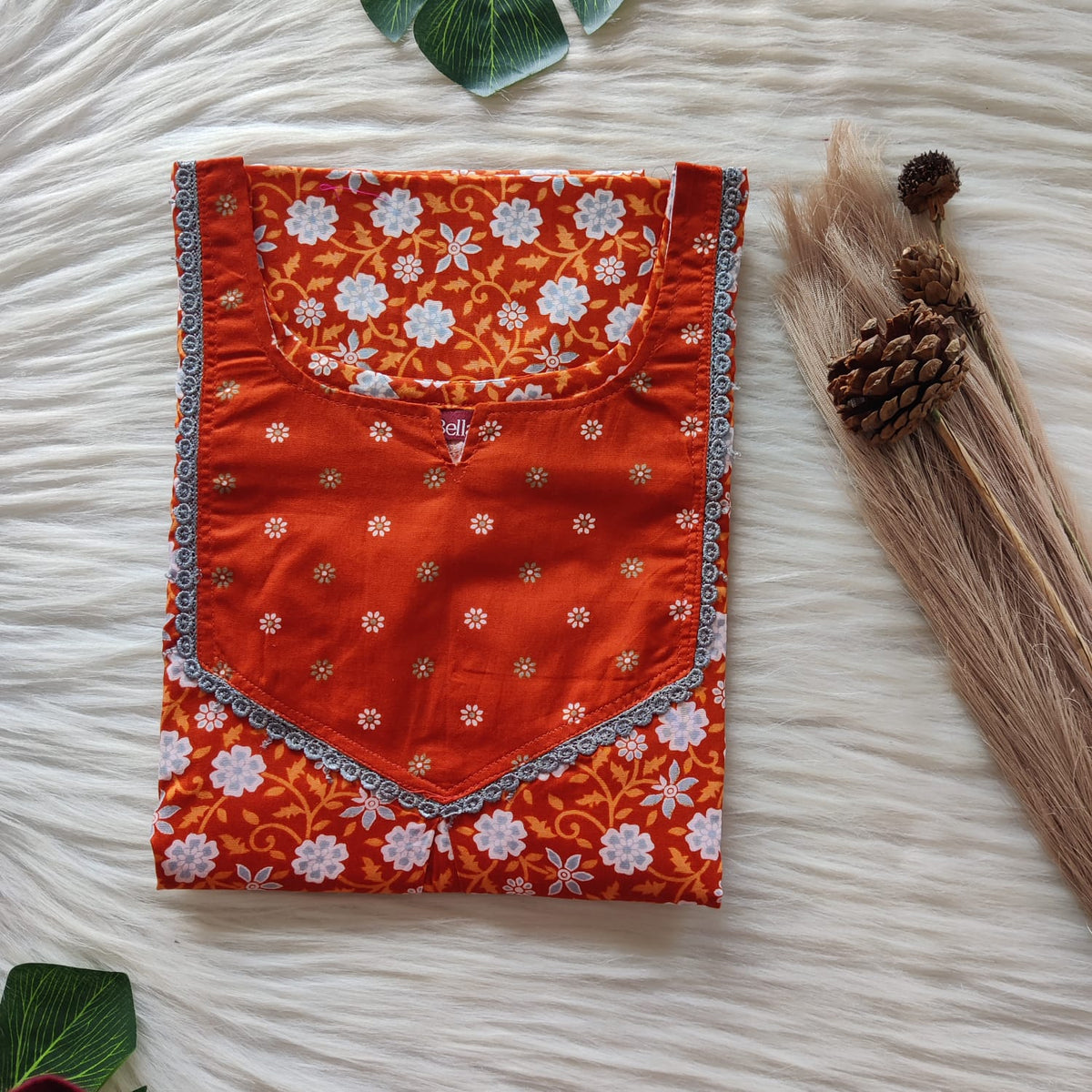 Orange And Grey Floral Printed Premium Cotton Mix N Match Lace Pocket Nighty | Free Size | Chest Width 44″| Length 56″