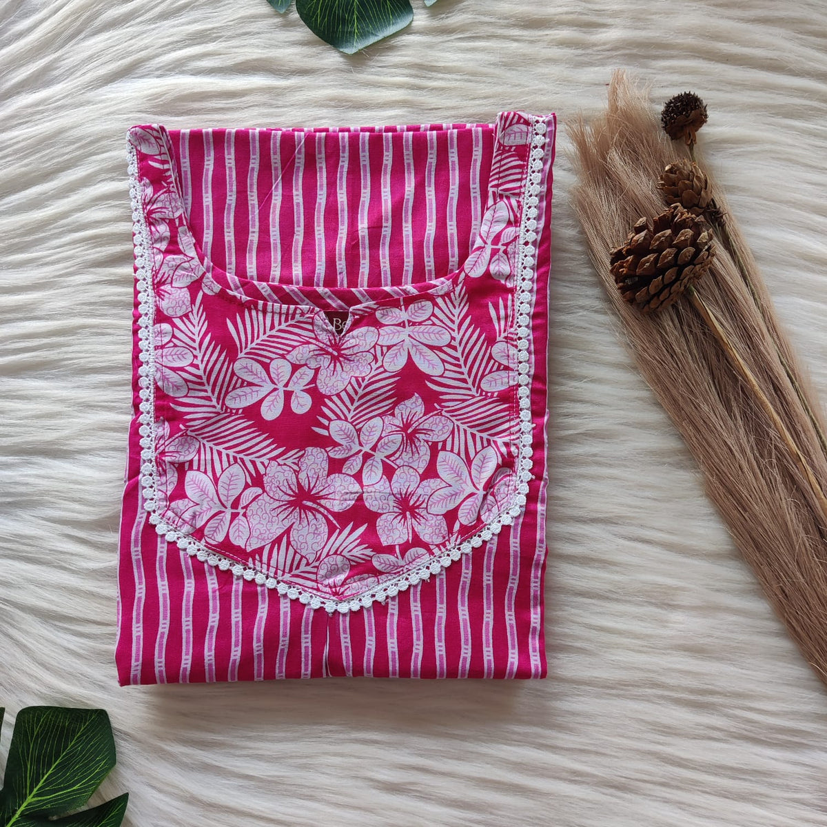 White And Pink Stripes Printed Premium Cotton Mix N Match Lace Pocket Nighty | Free Size | Chest Width 44″| Length 56″