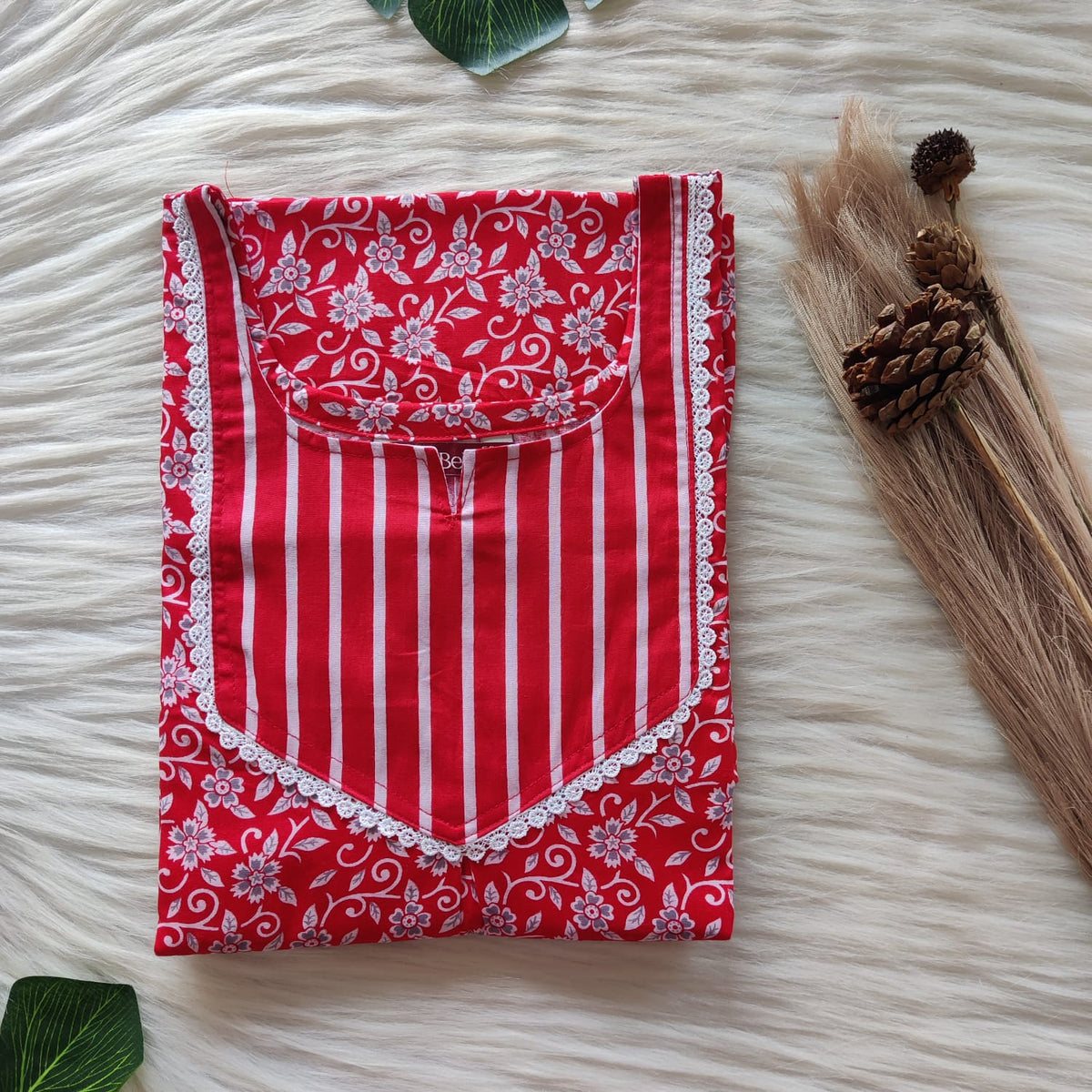 Red And White Floral Printed Premium Cotton Mix N Match Lace Pocket Nighty | Free Size | Chest Width 44″| Length 56″