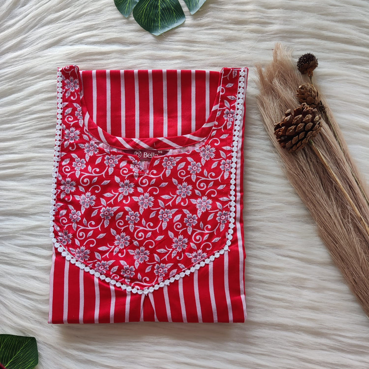 White And Red Stripe Printed Premium Cotton Mix N Match Lace Pocket Nighty | Free Size | Chest Width 44″| Length 56″