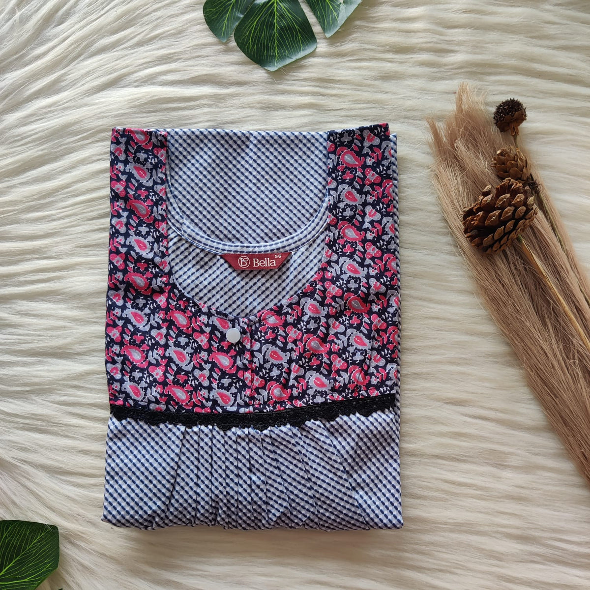 Pink And Grey Printed Premium Cotton Lace Nighty | Free Size | Chest Width 44″| Length 54″-56″