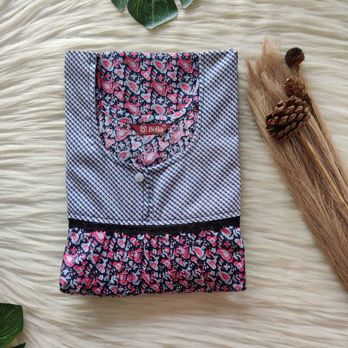 Grey And Pink Kalamkari Printed Premium Cotton Lace Nighty | Free Size | Chest Width 44″| Length 54″-56″