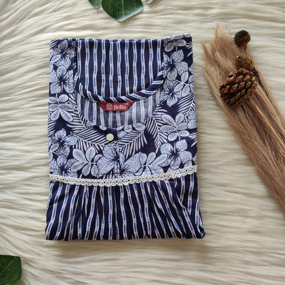 White And Navy Blue Stripe Printed Premium Cotton Lace Nighty | Free Size | Chest Width 44″| Length 54″-56″
