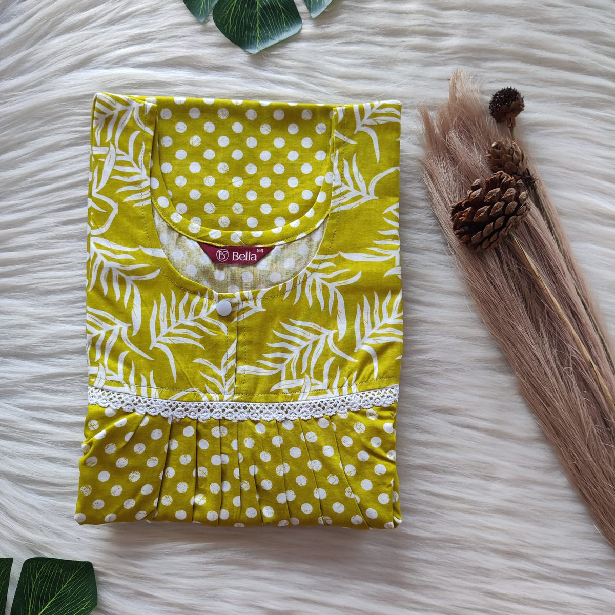 Green And White Dot Printed Premium Cotton Lace Nighty | Free Size | Chest Width 44″| Length 54″-56″