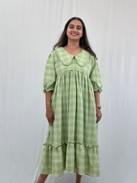 Green Check Printed Peter Pan Collar Seer Sucker Puff 3/4 Sleeve Maternity Dress with Centre Long Zip | Free Size | 46" length
