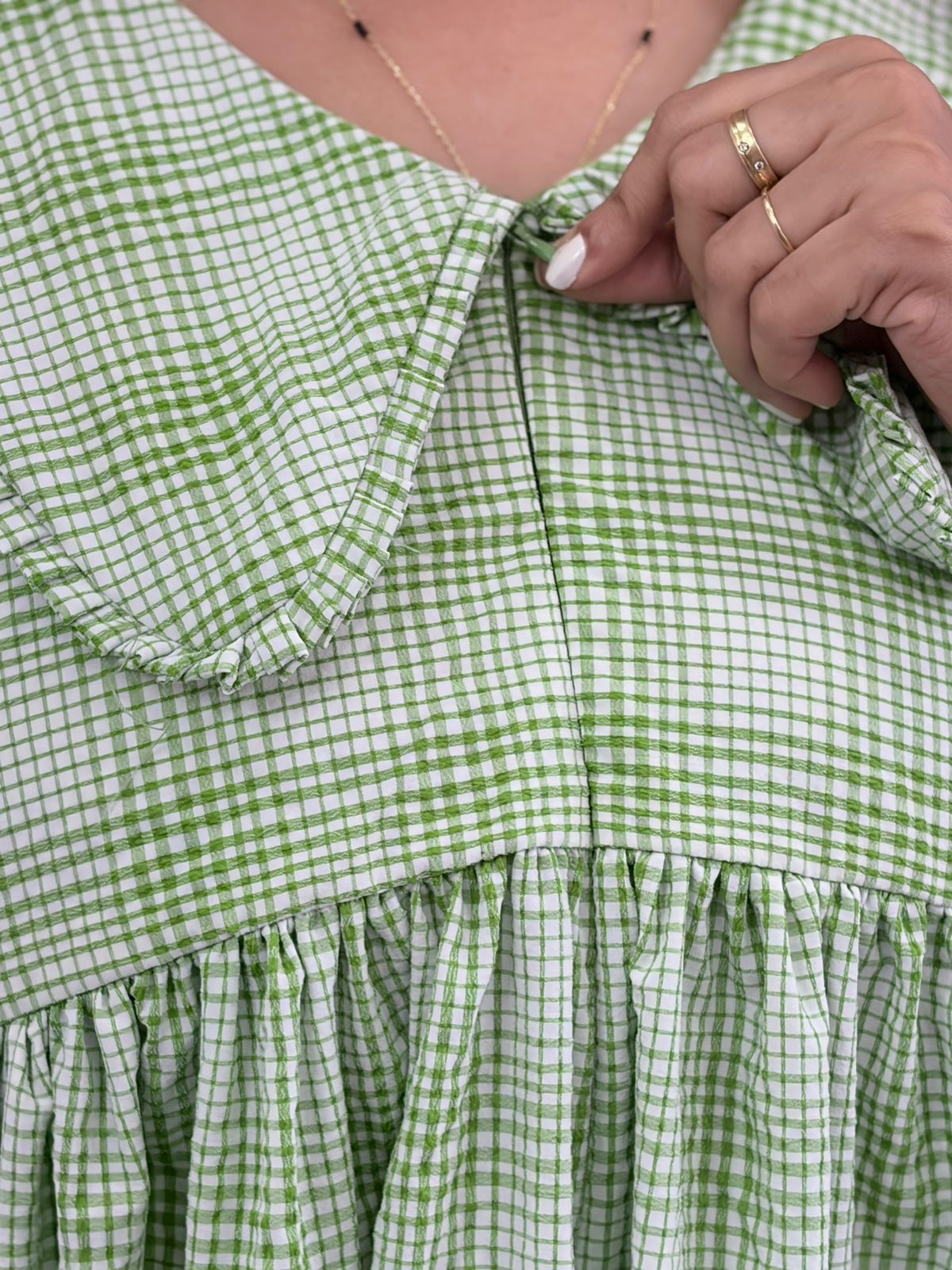 Green Check Printed Peter Pan Collar Seer Sucker Puff 3/4 Sleeve Maternity Dress with Centre Long Zip | Free Size | 46" length