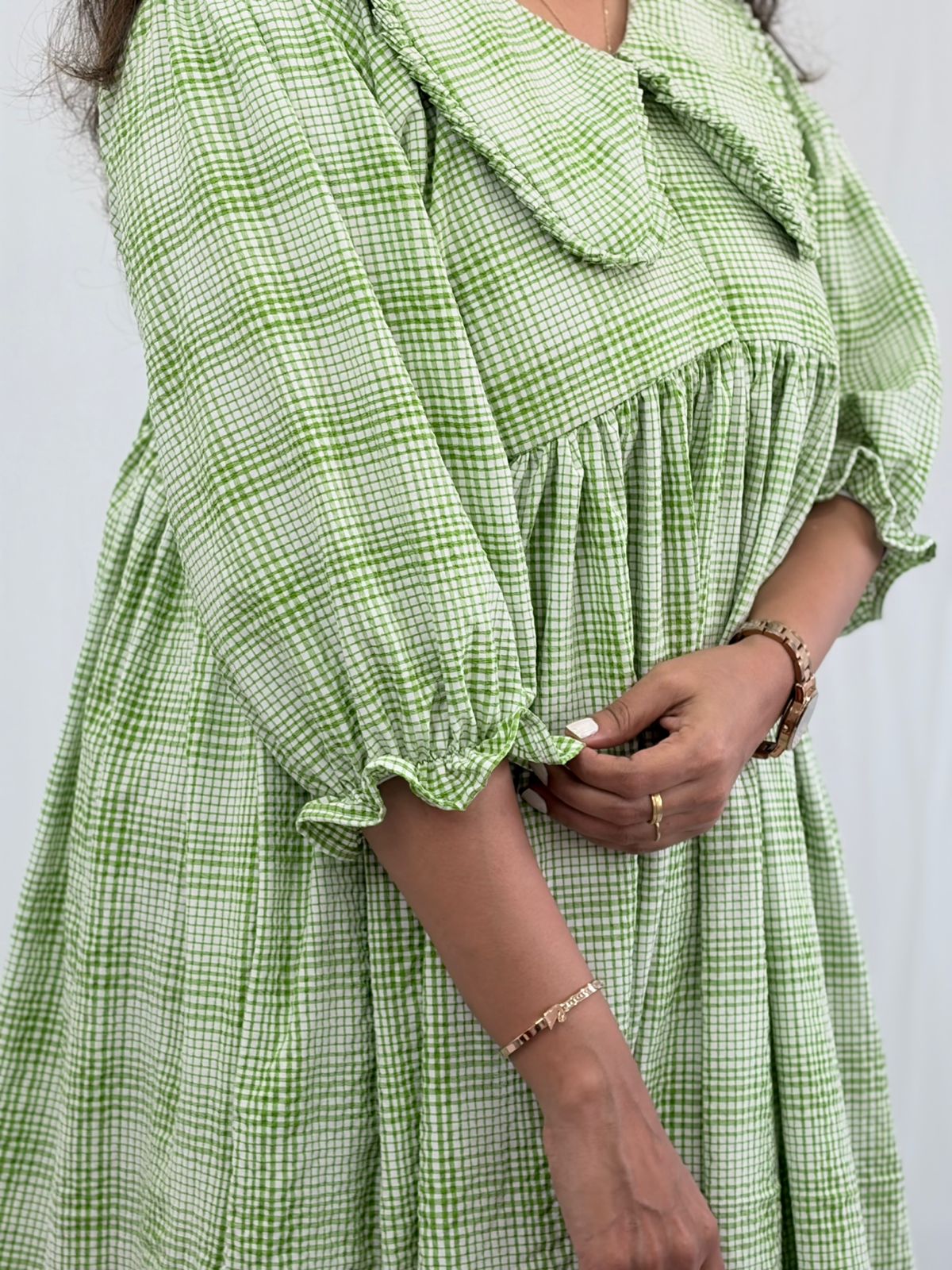 Green Check Printed Peter Pan Collar Seer Sucker Puff 3/4 Sleeve Maternity Dress with Centre Long Zip | Free Size | 46" length