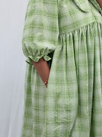 Green Check Printed Peter Pan Collar Seer Sucker Puff 3/4 Sleeve Maternity Dress with Centre Long Zip | Free Size | 46" length