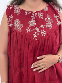 Maroon Mul Chanderi Feeding Dress With Two Side Invisible Zip | Free Size | 46" length