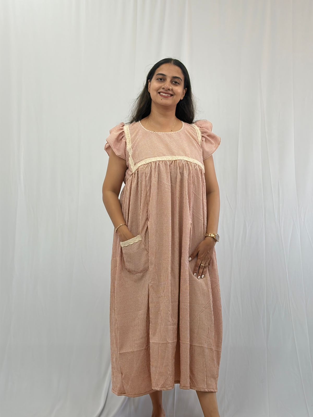 Brown Check Printed Seer Sucker Ruffle Sleeve Crochet Lace Maternity Gown With Two Side Invisible Zip And Pocket | Free Size | 44" length