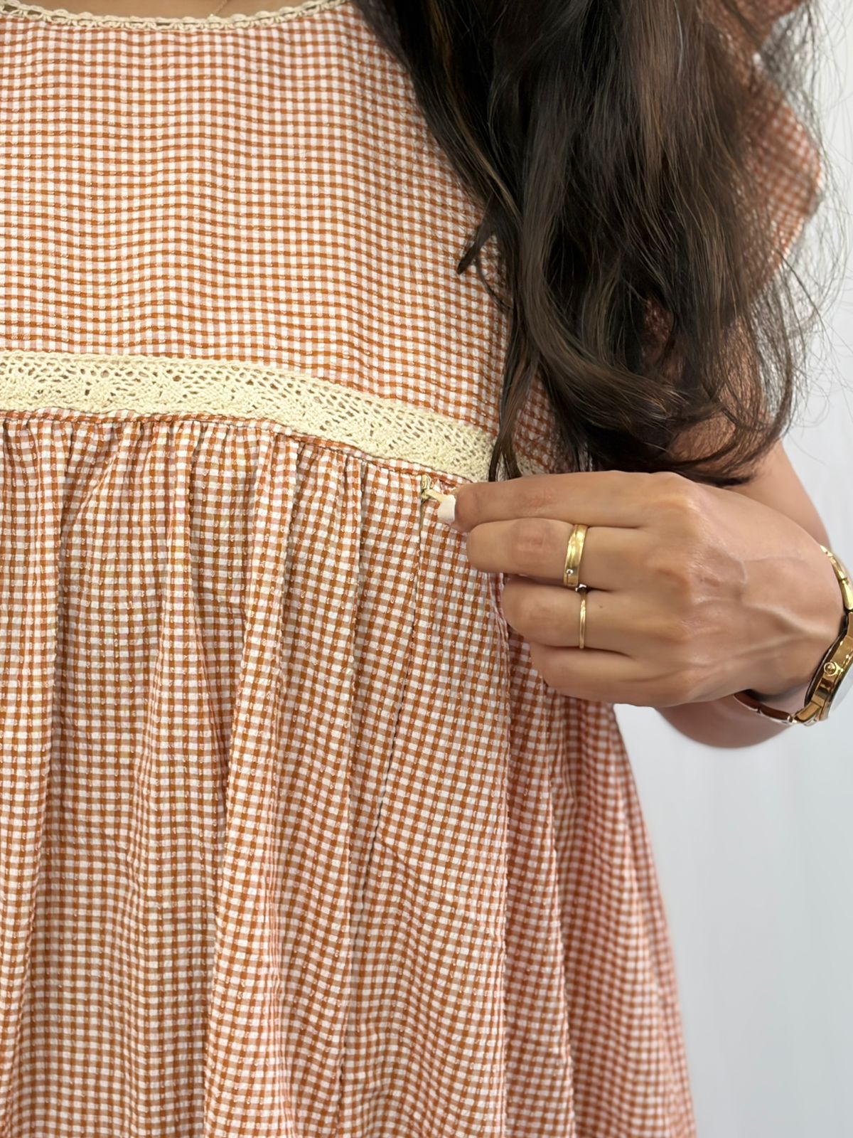 Brown Check Printed Seer Sucker Ruffle Sleeve Crochet Lace Maternity Gown With Two Side Invisible Zip And Pocket | Free Size | 44" length