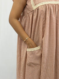 Brown Check Printed Seer Sucker Ruffle Sleeve Crochet Lace Maternity Gown With Two Side Invisible Zip And Pocket | Free Size | 44" length