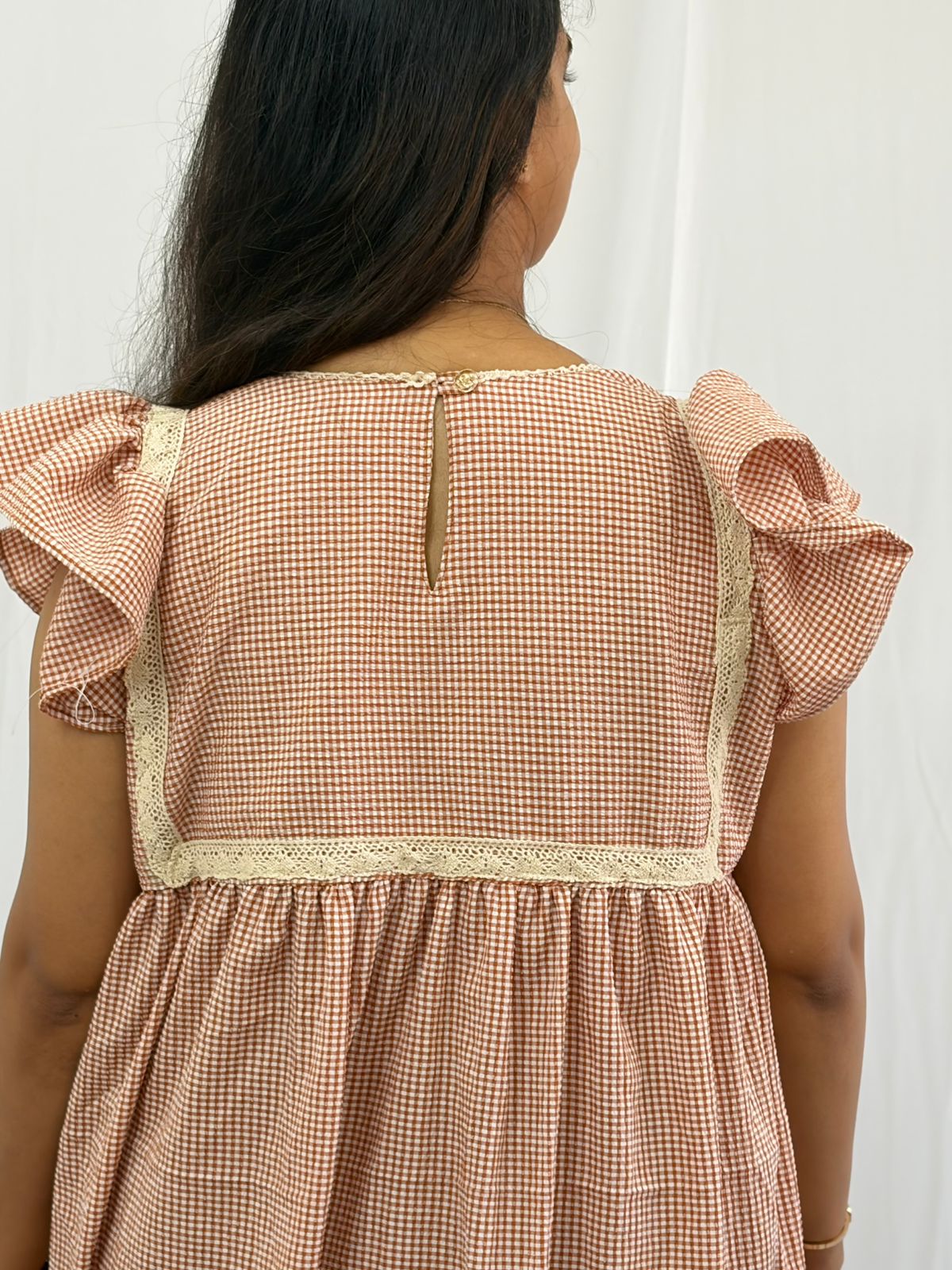 Brown Check Printed Seer Sucker Ruffle Sleeve Crochet Lace Maternity Gown With Two Side Invisible Zip And Pocket | Free Size | 44" length