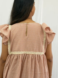 Brown Check Printed Seer Sucker Ruffle Sleeve Crochet Lace Maternity Gown With Two Side Invisible Zip And Pocket | Free Size | 44" length