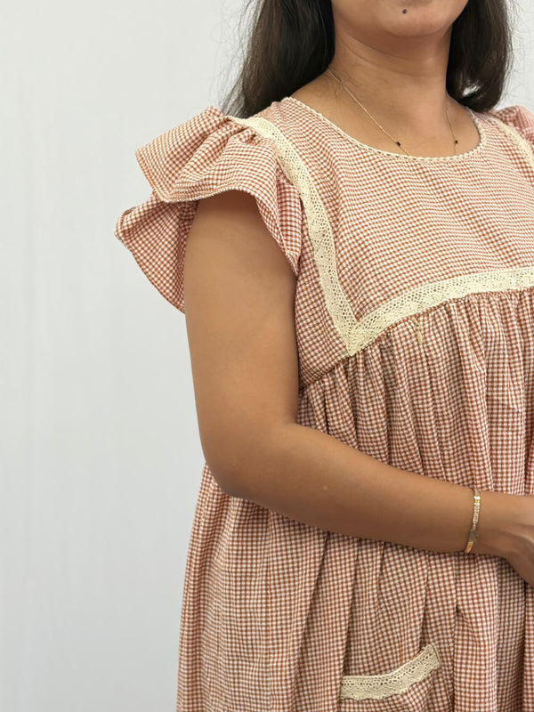 Brown Check Printed Seer Sucker Ruffle Sleeve Crochet Lace Maternity Gown With Two Side Invisible Zip And Pocket | Free Size | 44" length