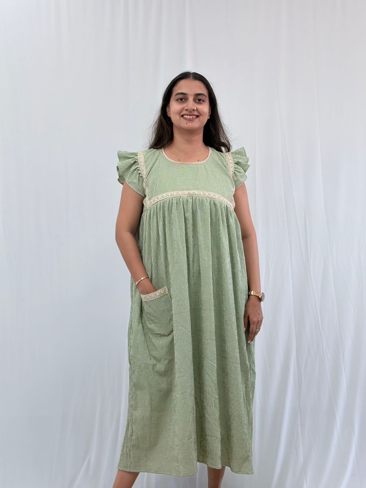 Green Check Printed Seer Sucker Ruffle Sleeve Crochet Lace Maternity Gown With Two Side Invisible Zip And Pocket | Free Size | 44" length