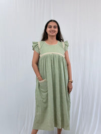 Green Check Printed Seer Sucker Ruffle Sleeve Crochet Lace Maternity Gown With Two Side Invisible Zip And Pocket | Free Size | 44" length
