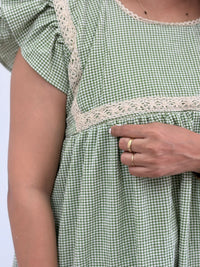 Green Check Printed Seer Sucker Ruffle Sleeve Crochet Lace Maternity Gown With Two Side Invisible Zip And Pocket | Free Size | 44" length