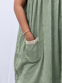 Green Check Printed Seer Sucker Ruffle Sleeve Crochet Lace Maternity Gown With Two Side Invisible Zip And Pocket | Free Size | 44" length