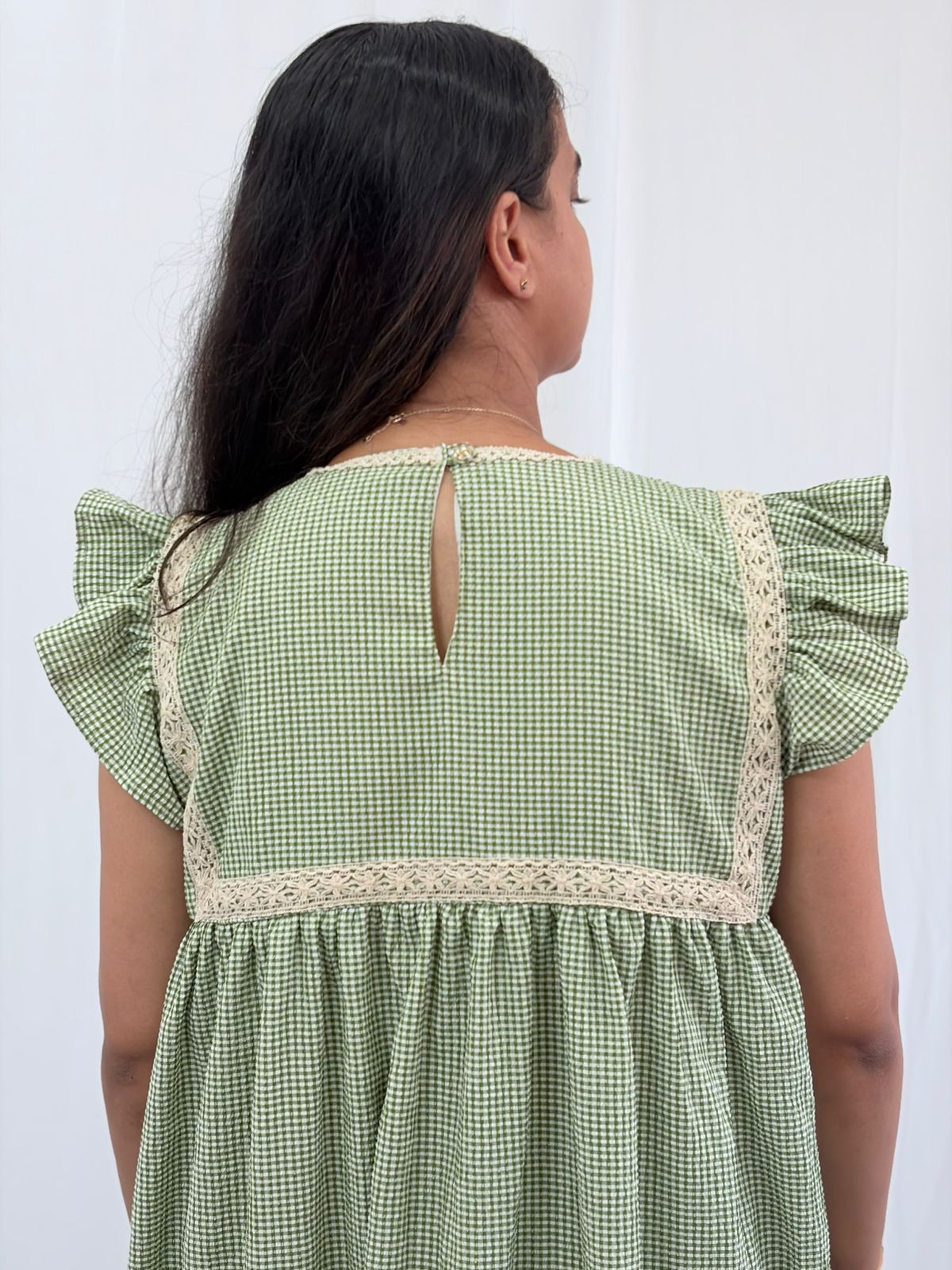 Green Check Printed Seer Sucker Ruffle Sleeve Crochet Lace Maternity Gown With Two Side Invisible Zip And Pocket | Free Size | 44" length