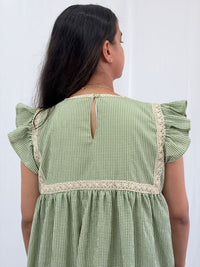 Green Check Printed Seer Sucker Ruffle Sleeve Crochet Lace Maternity Gown With Two Side Invisible Zip And Pocket | Free Size | 44" length
