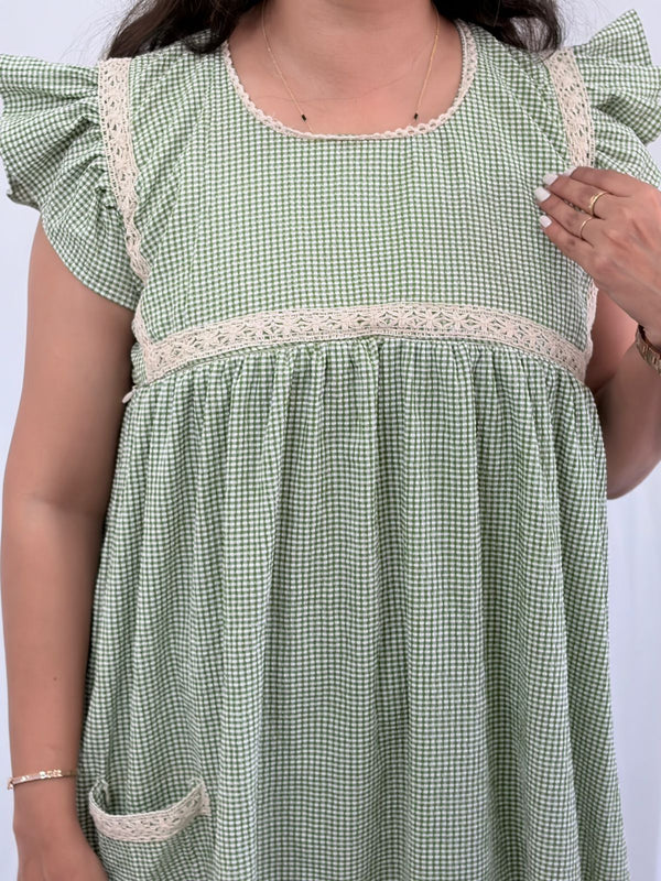 Green Check Printed Seer Sucker Ruffle Sleeve Crochet Lace Maternity Gown With Two Side Invisible Zip And Pocket | Free Size | 44" length