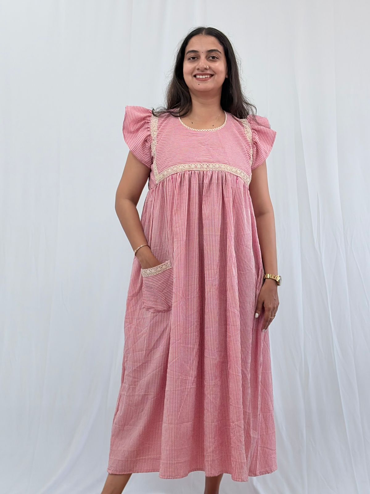 Pink Check Printed Seer Sucker Ruffle Sleeve Crochet Lace Maternity Gown With Two Side Invisible Zip And Pocket | Free Size | 44" length