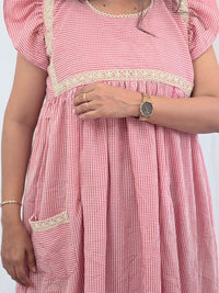 Pink Check Printed Seer Sucker Ruffle Sleeve Crochet Lace Maternity Gown With Two Side Invisible Zip And Pocket | Free Size | 44" length