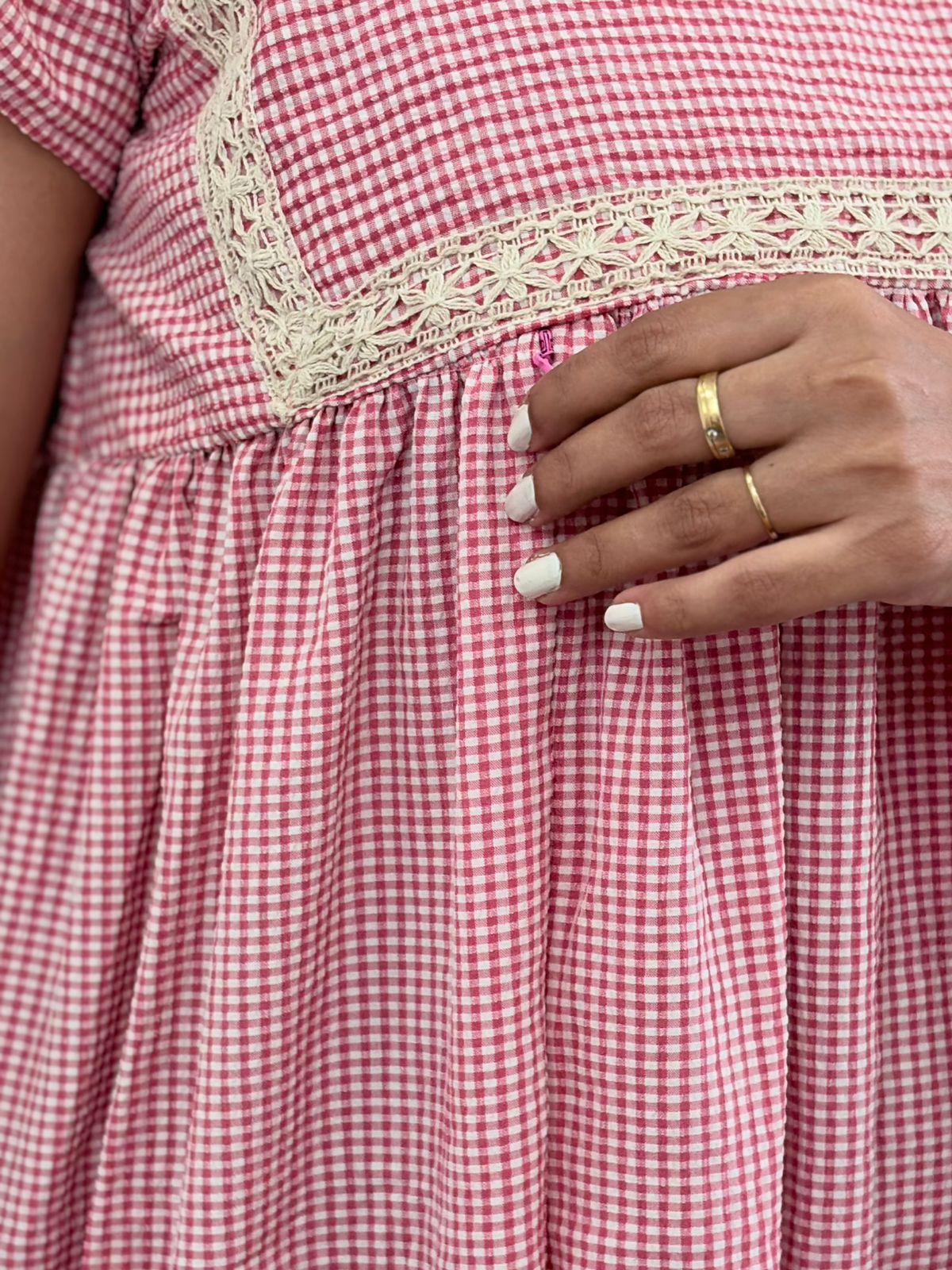 Pink Check Printed Seer Sucker Ruffle Sleeve Crochet Lace Maternity Gown With Two Side Invisible Zip And Pocket | Free Size | 44" length