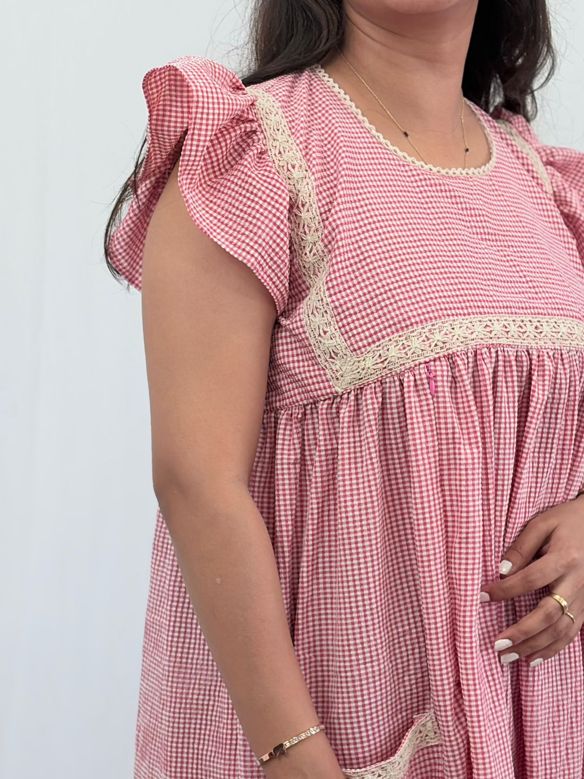 Pink Check Printed Seer Sucker Ruffle Sleeve Crochet Lace Maternity Gown With Two Side Invisible Zip And Pocket | Free Size | 44" length