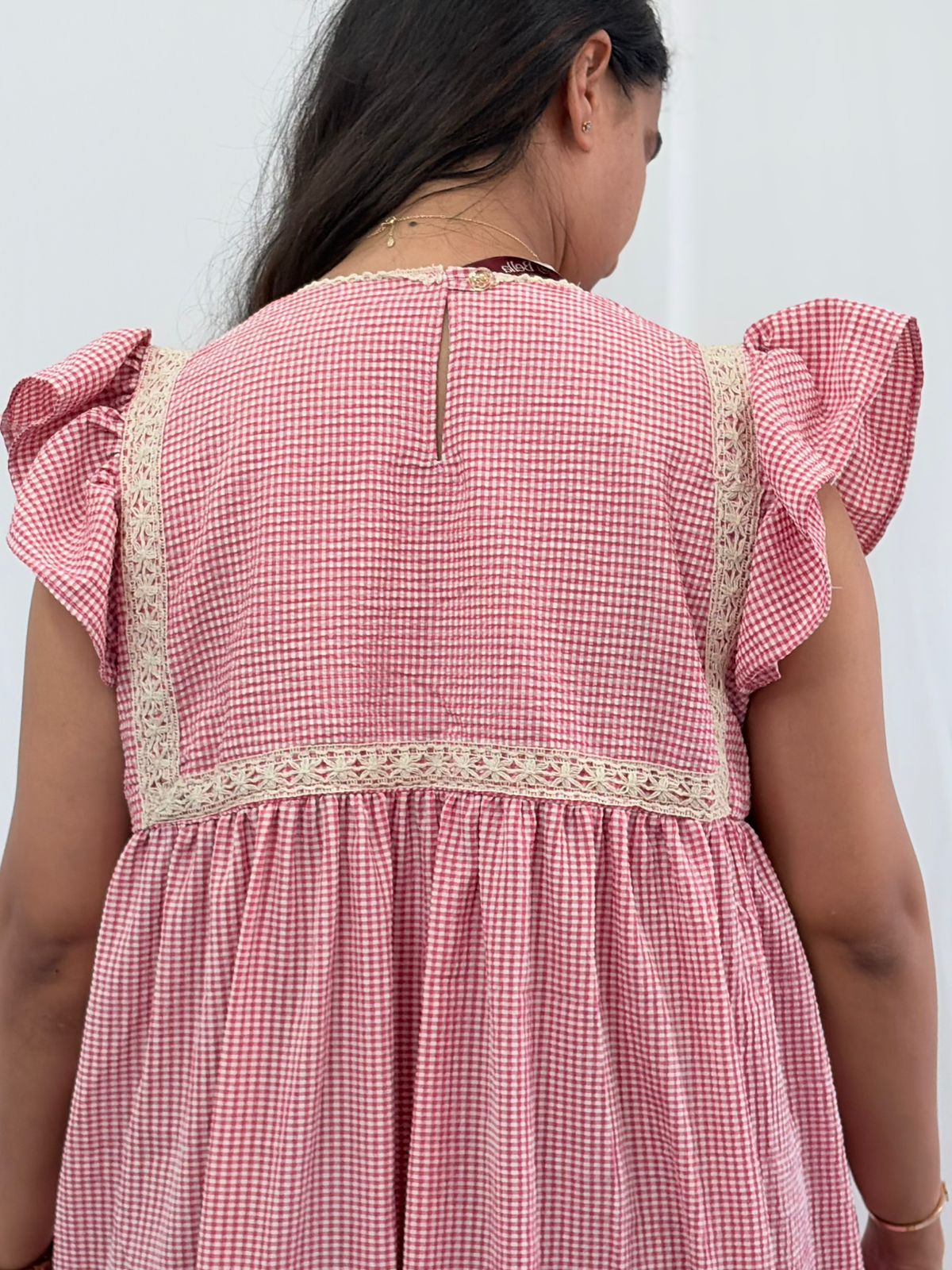 Pink Check Printed Seer Sucker Ruffle Sleeve Crochet Lace Maternity Gown With Two Side Invisible Zip And Pocket | Free Size | 44" length