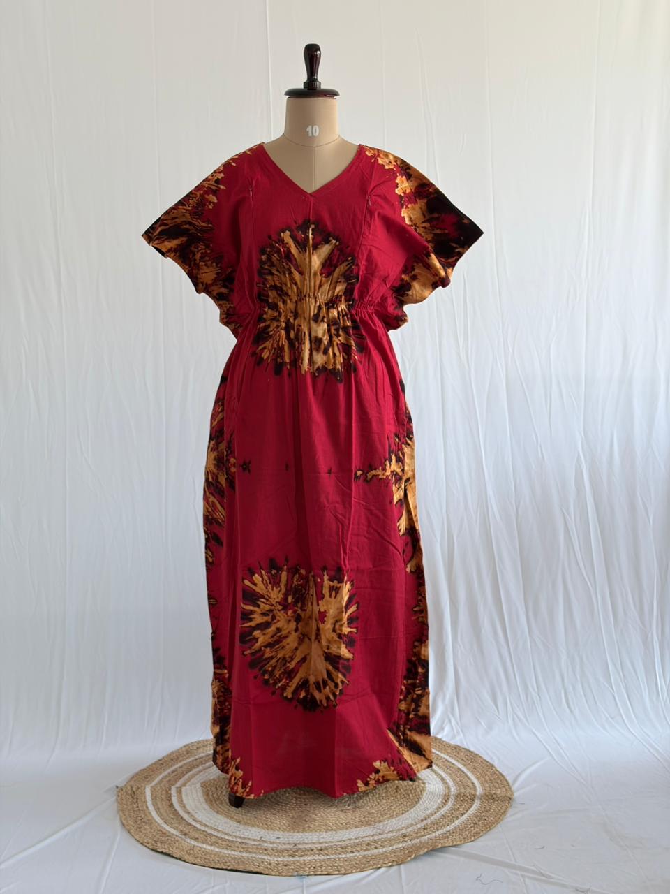 Red Batik Printed Chungidi Cotton Feeding Kaftan | Free Size | Chest Width 44″| Length 56″