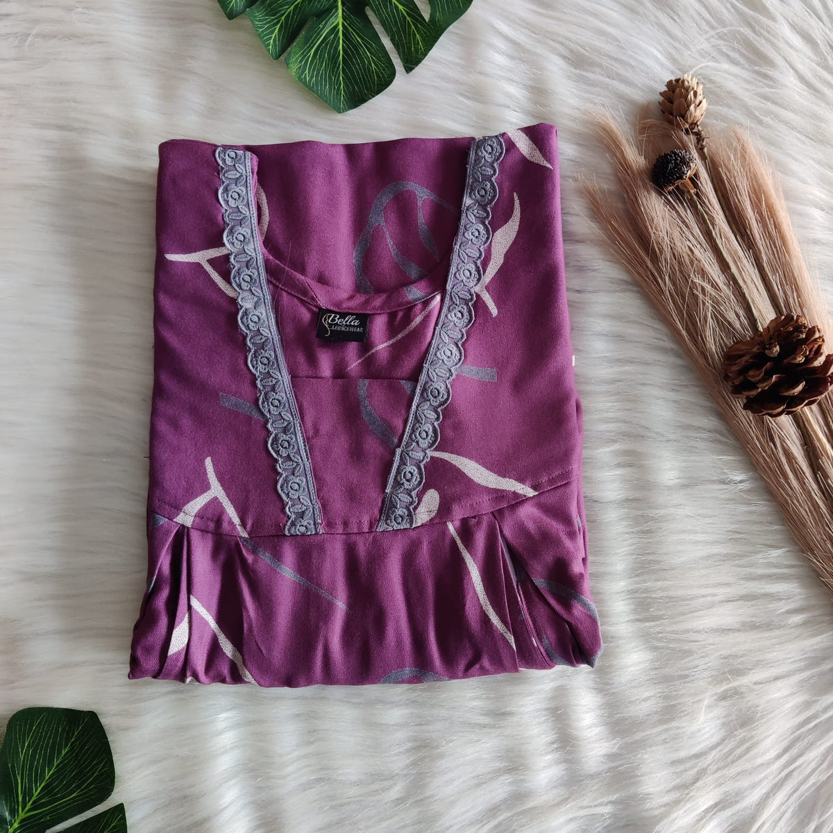 Wine Printed Alfine Two Side Vertical Zip Lace Nighty | Free Size | Chest Width 44″ | Length 56″