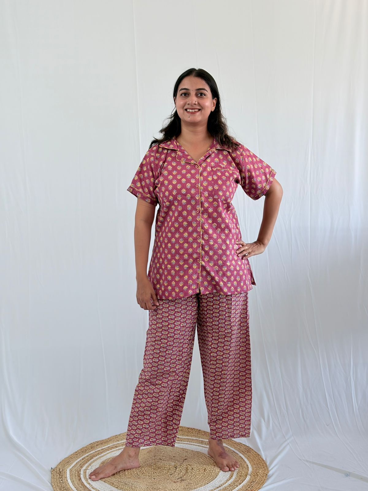 Mauve Floral Printed Kantha Cotton Shirt Pyjama Set | Free Size |