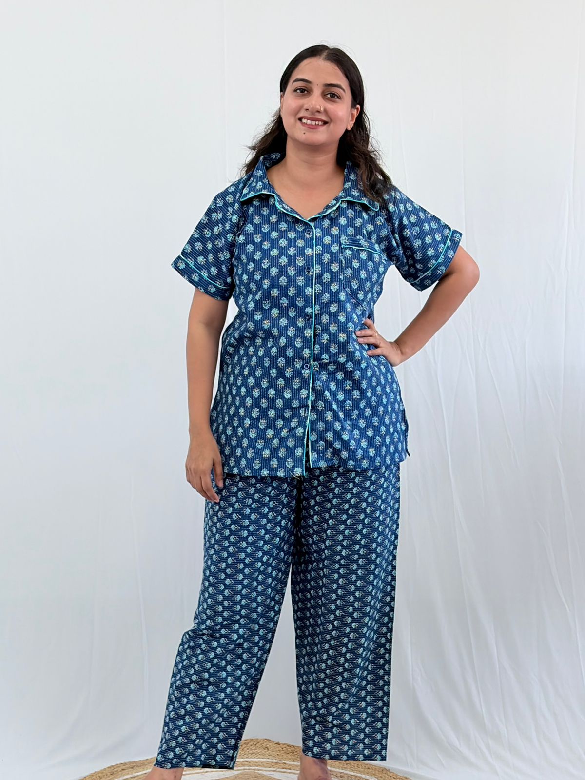 Blue Floral Printed Kantha Cotton Shirt Pyjama Set | Free Size |