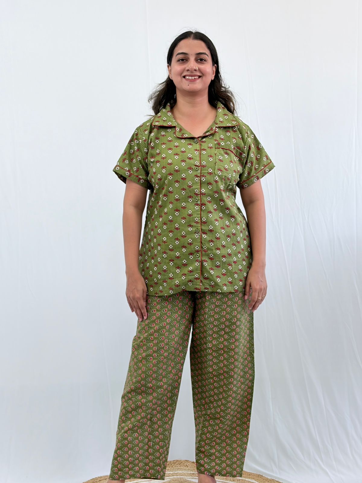 Green Floral Printed Kantha Cotton Shirt Pyjama Set | Free Size |