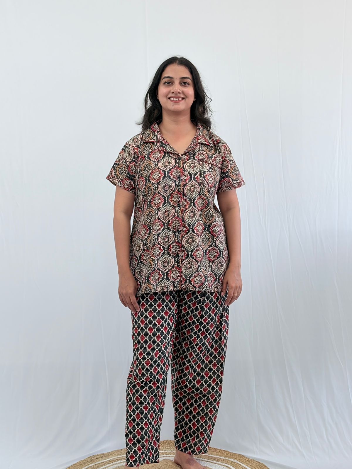 Black Ajrakh Printed Kantha Cotton Shirt Pyjama Set | Free Size |