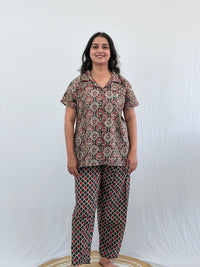 Black Ajrakh Printed Kantha Cotton Shirt Pyjama Set | Free Size |