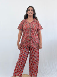 Maroon Ajrakh Printed Kantha Cotton Shirt Pyjama Set | Free Size |
