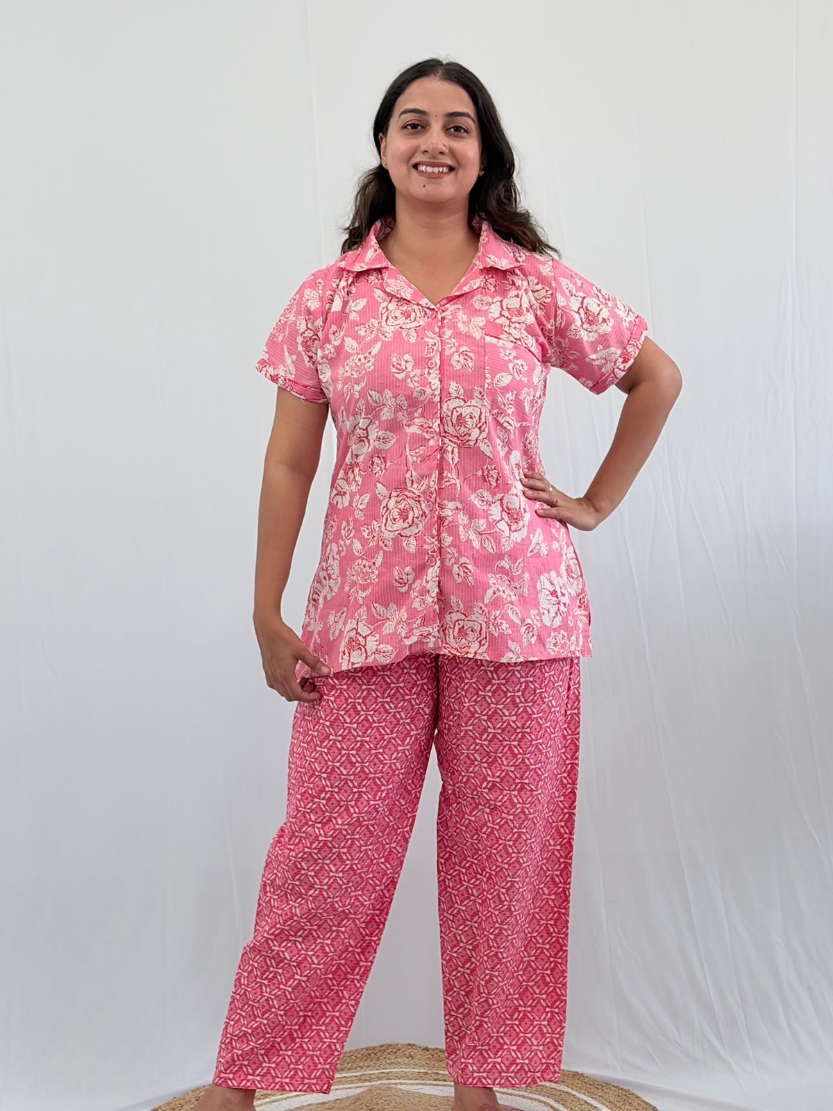 Pastel Pink Floral Printed Kantha Cotton Shirt Pyjama Set | Free Size |